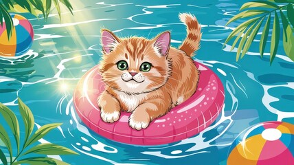 Joyful Kitten Relaxing on a Float in a Colorful Pool Surrounded by Lush Greenery