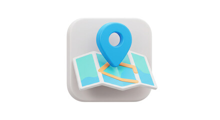 3D blue location pin on folded map icon isolated on white background, suitable for GPS apps, travel services, route planners, local search features, and location-based navigation visuals