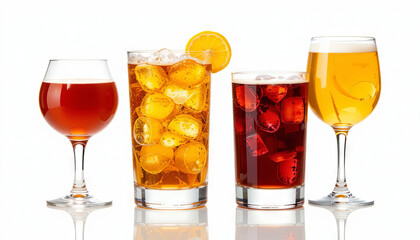 Four different refreshing drinks are showcased on a white background, including iced tea, lemonade, soda, and beer, with garnishes enhancing their appeal