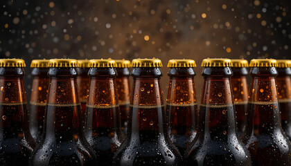 Rows of chilled craft beer bottles glisten with water droplets in a low-light atmosphere, creating a refreshing ambiance perfect for social gatherings