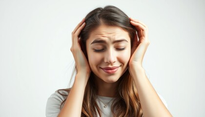 Obraz premium Woman with hands on head, expressing discomfort