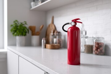 Obraz premium Close up of red fire extinguisher on kitchen counter in a modern white interior with copy space