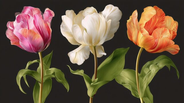 Elegant floral arrangement featuring pink white and orange tulips against a dark background creating a serene and sophisticated botanical illustration