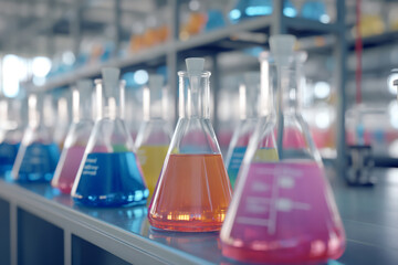 Colorful chemical solutions in Erlenmeyer flasks. Science and laboratory experiment concept.
