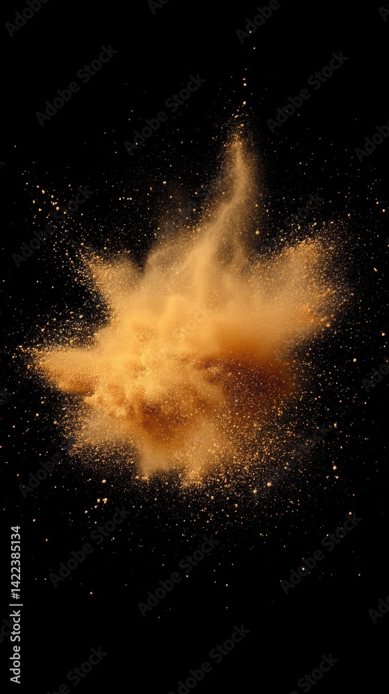 Poster golden powder explosion on black backdrop creating a dynamic and captivating visual spectacle with d