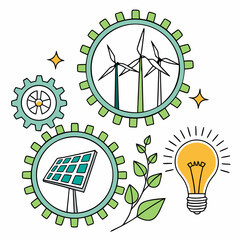 Sustainable Energy Graphic Design With Windmills Solar Panel Lightbulb And Gears