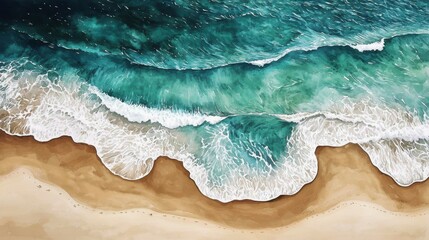 Aerial View of a Beach Watercolor Brush Painting of Brown Sand and Blue Sea Waves for Backgrounds and Banners Generative AI Artwork