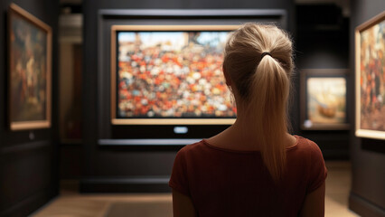 Woman observing artwork in a dark gallery room, showcasing framed paintings under soft light, highlighting cultural appreciation, contemplation, and indoor museum ambiance.