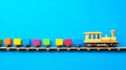 Colorful Wooden Toy Train with Building Blocks on a Bright Blue Background - Playful Baby and Kids' Toy Setting