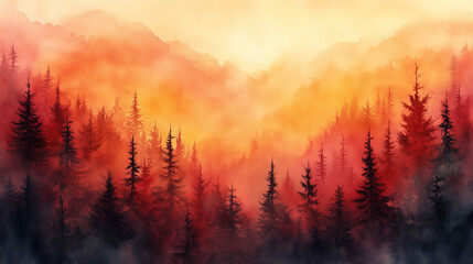 Watercolor forest in fall with gradient warm tones