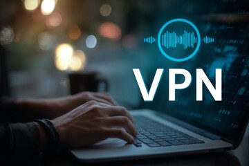 Close up of a laptop displaying  vpn  with blue private network icon and bokeh effect