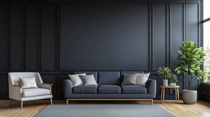 Cozy Living Space with Sofa and Armchair Against a Dark, Minimalist Wall Background