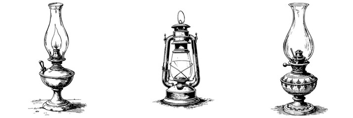 Vintage black and white sketch of intricate oil lamps illuminated on white background, ideal for educational and decorative uses