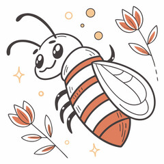 Cartoon Bee Illustration With Flowers And Sparkles Cute Insect Design