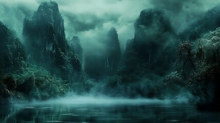 Fototapeta premium Misty, dark jungle valley landscape