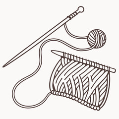 Hand Knitting Illustration With Needle And Ball Of Yarn Outline Style