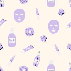 Cosmetic products set. Woman skincare collection. Make up and skin care cosmetic. Face mask, shower gel, serum, gloss, lipstick, hairpins. Seamless pattern. Vector illustration