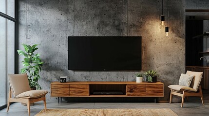 Modern Living Room with TV on Stylish Cabinet Against a Concrete Wall
