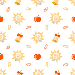 Seamless school-themed pattern with light bulbs, apples, bells with red bows, and paper clips on a white background. Perfect for Back to School, Knowledge Day, and educational designs.