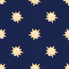 Seamless pattern with glowing light bulbs on a dark blue background. Symbolizing ideas, creativity, and inspiration. Perfect for education, innovation, and digital design themes.