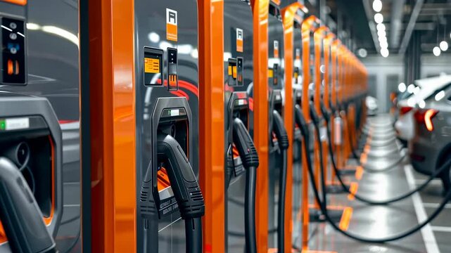 A line of electric vehicle charging stations in a modern garage. The charging stations feature orange accents and digital displays. Cables are connected to electric vehicles.