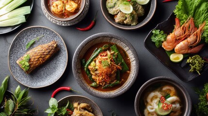 A delicious spread of Asian cuisine. This diverse selection of dishes includes grilled fish, shrimp, and flavorful vegetable curries.