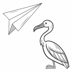 Cartoon Illustration Of Paper Airplane And Heron Simple Vector Design