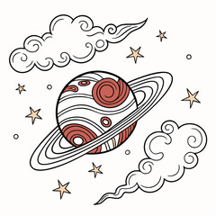 Cartoon Planet Illustration With Clouds And Stars Hand Drawn Style