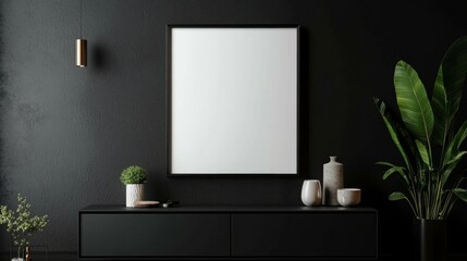 Stylish Mockup Frame Displayed on Cabinet Against a Minimalist Dark Wall in Modern Living Room