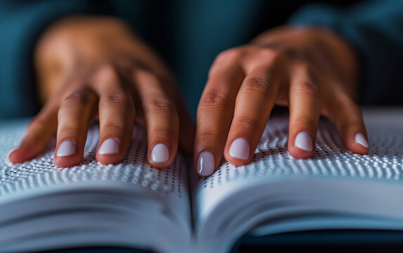 Close-up of young woman reading braille book. Accessibility and tactile learning for blind.