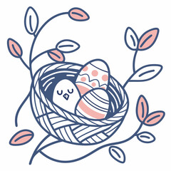 Cute Easter Eggs In A Nest With A Chick And Floral Elements