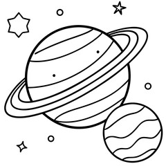 Saturn Planet With Rings And Stars Doodle Style Minimalist Line Art