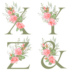 Hand painted watercolor floral alphabet - letters XYZAND. The letters of the alphabet is olive colored and decorated with watercolor roses. Wedding, birthday, children's party, any creative ideas.