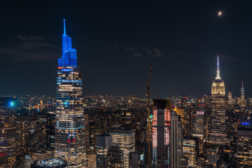 Scenic Manhattan night cityscape viewed form Top of the Rock (Rockefeller Center) observation deck, New York.