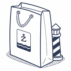 Nautical Theme Shopping Bag With Lighthouse Illustration In Blue Color