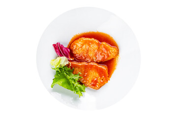 Fish fillet tomato sauce white fish dish organic fresh tasty gourmet food background on the table rustic food top view copy space 
