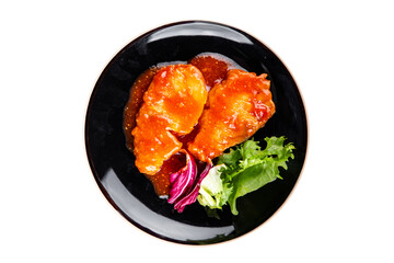 Fish fillet tomato sauce white fish dish organic fresh tasty gourmet food background on the table rustic food top view copy space 