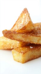 Golden fried potato wedges stacked on a white surface showcasing crispy texture and savory seasoning in a food photography style
