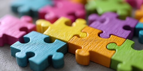 A group of colorful puzzle pieces sitting on top of each other