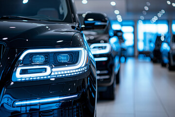 Luxury cars in showroom with illuminated LED headlights. Modern transportation and automotive design concept.
