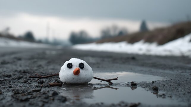 Melted snowman rests on muddy ground during winter thaw after a snowstorm - Powered by Adobe