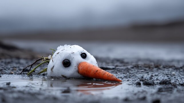 Melted snowman resting on ground with carrot nose in close-up view during winter thaw