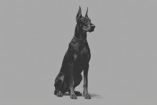 Black and white drawing of a Doberman in a poised sitting position against a neutral background