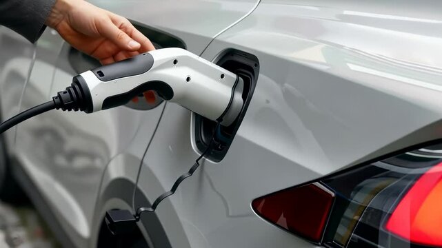 A person plugs charging connector into light-colored electric car, emphasizing sustainable transport, clean energy. Sleek design vehicle is subtly highlighted, focusing on environmental responsibility