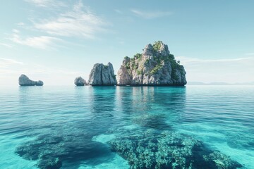 Obraz premium Isolated island surrounded by crystal clear waters and rocky formations under a serene sky