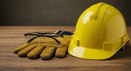 Work helmet, glasses and gloves on a wooden table