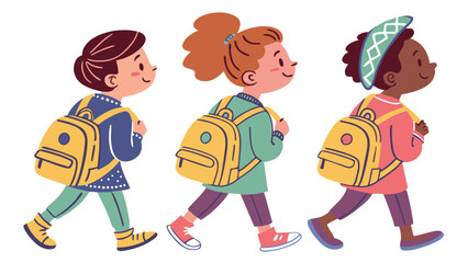 Diverse children walking to school with backpacks.