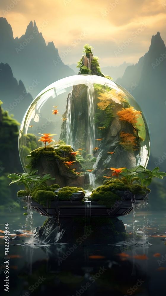 Poster 透明なガラス球体内の緑豊かな風景と滝の光景 山々と水面の背景に鮮やかな色彩と幻想的な雰囲気