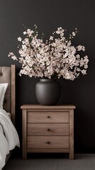 Elegant Bedroom Interior with Light Blossoms in a Vase on a Wood Nightstand against a Dark Wall.