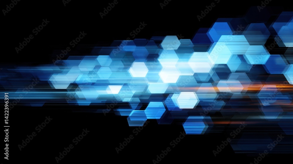 Poster abstract blue hexagons with motion blur on black background creating a futuristic and dynamic visual